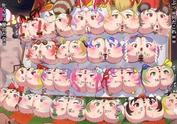 A food stall lined with butts with faces painted on them cover