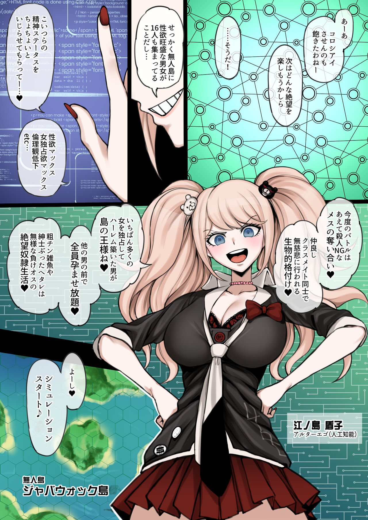 Kuzuryuu is defeated in the battle for the harem on the deserted island created by Enoshima Alter Ego, and is trained by Peko to become a female.+EXTRAS page 1 full