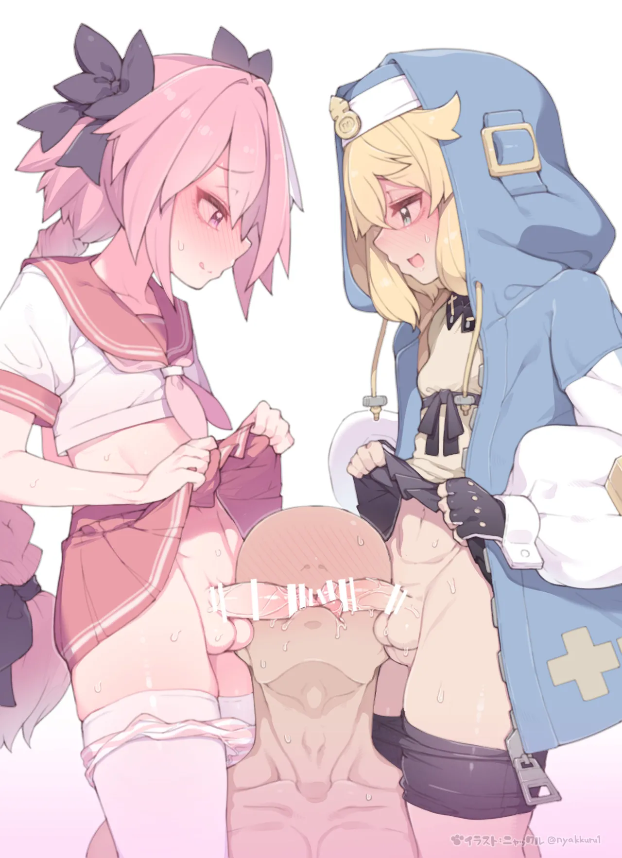 Bridget-kyun to Astolfo-kyun ni Hasamare Nagara Surisuri Saretari Gyaku Fella Shitari suru Illust page 10 full