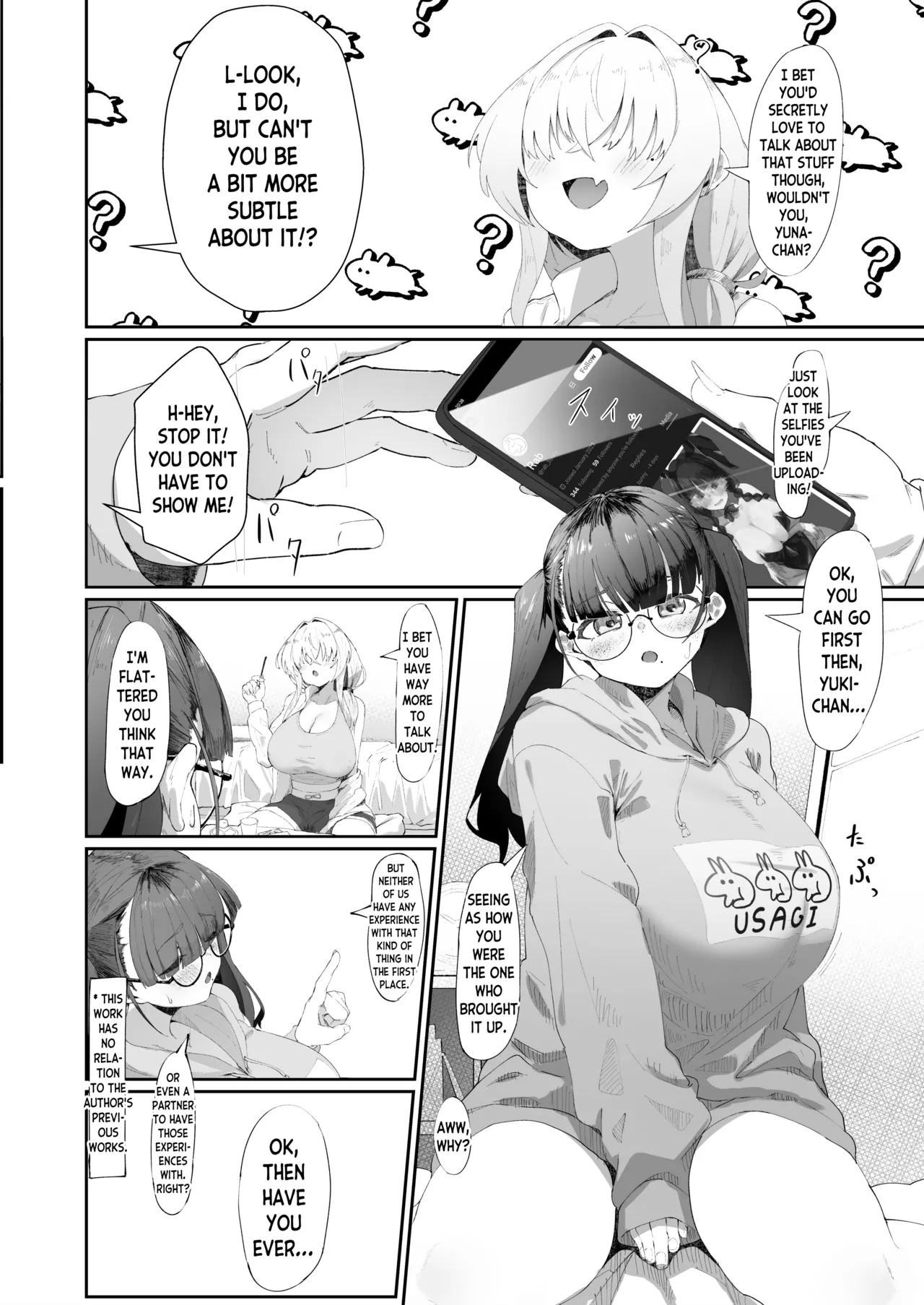 Koko de no Ohanashi wa Subete Mousou desu!! Jimi Kyonyuu Megane-chan to Mekakure Kyonyuu Gal-chan Futari no Yoru no Mousou Waidan | The Stories Depicted Here Are All Just Fantasies!! Plain Big Titty Glasses-chan and Covered-Eyes Big Titty Gyaru-chan's Night of Dirty Gossip page 4 full