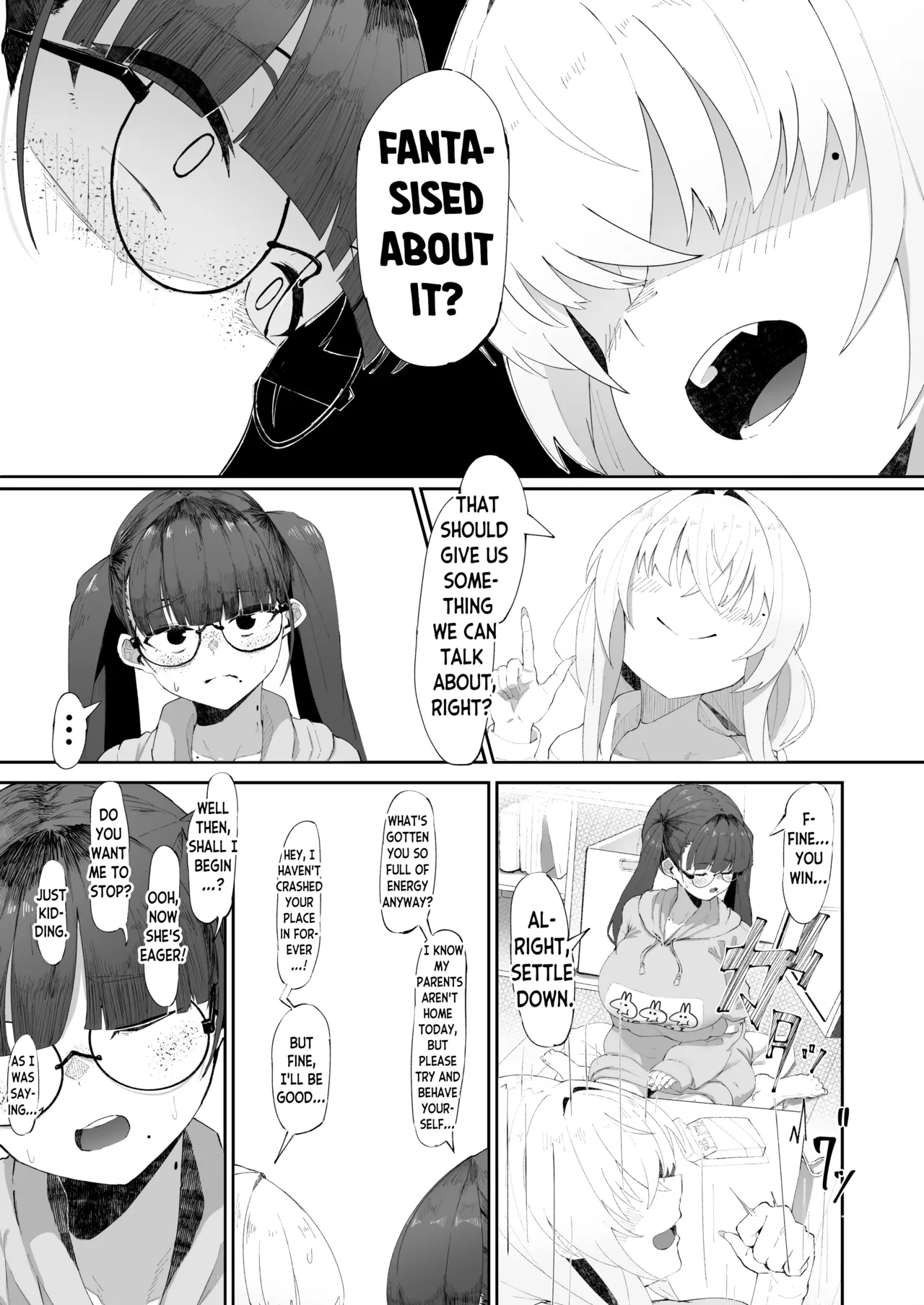 Koko de no Ohanashi wa Subete Mousou desu!! Jimi Kyonyuu Megane-chan to Mekakure Kyonyuu Gal-chan Futari no Yoru no Mousou Waidan | The Stories Depicted Here Are All Just Fantasies!! Plain Big Titty Glasses-chan and Covered-Eyes Big Titty Gyaru-chan's Night of Dirty Gossip page 5 full