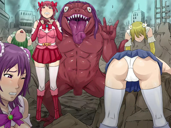 Shūkaku no koku ~ nikuyoku ni ueta kaijin-tachi ni kui chirakasa rete iku henshin hiroin-tachi ~ cover