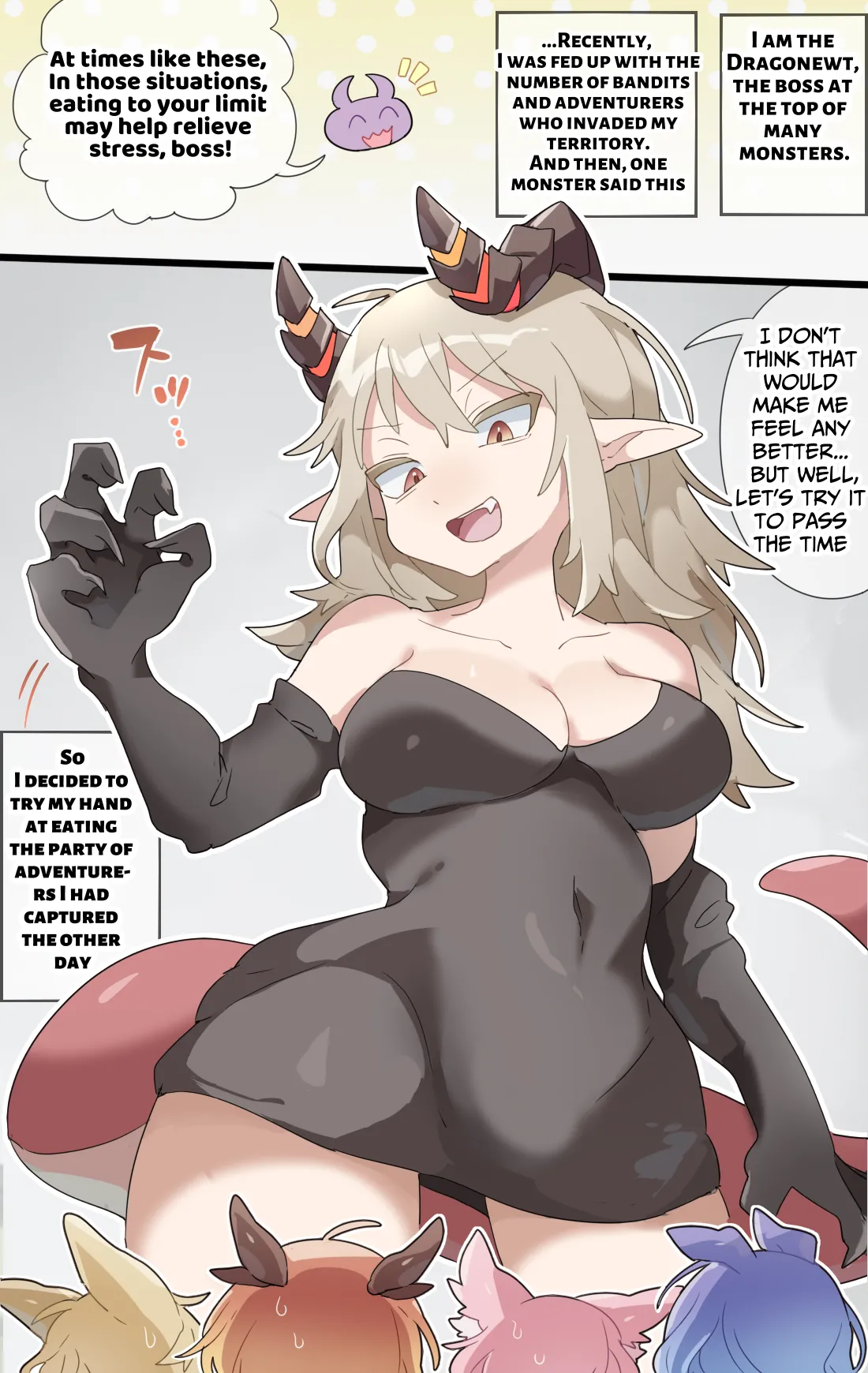 The dragon girl swallows all the adventurers whole in a swollen belly samesize vore comic page 1 full
