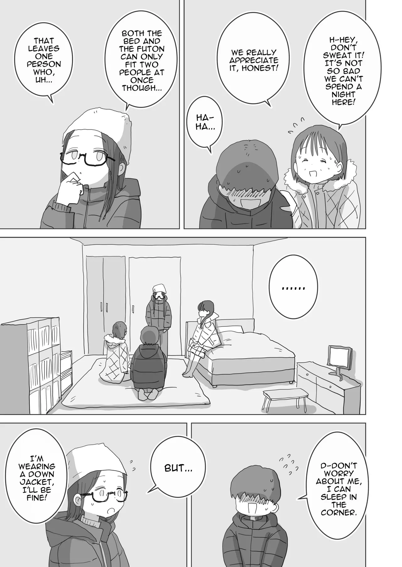 Aru Ooyuki no Tsumetai Yoru Boku no Ie no Futon no Naka de Beit-saki no Onnanoko-tachi ga Naisho de Micchaku Atatame Ecchi Shite Kureta. | One Cold Snowy Night, My Colleague Secretly Had Intimate Warm-up Sex With Me Under The Bed Sheets. page 10 full