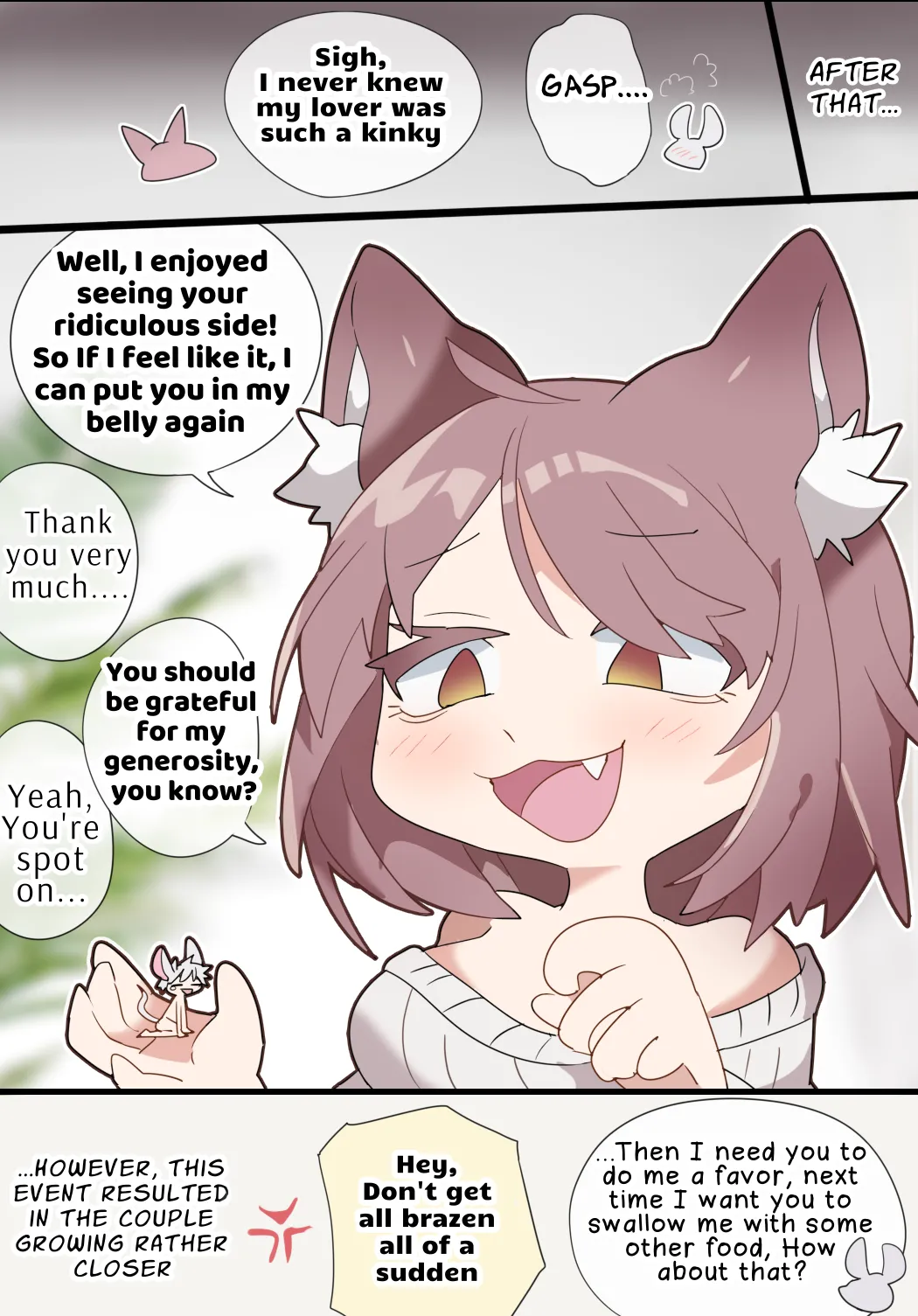 A vore manga of a giant girl with animal ears swallowing her tiny lover whole while cursing him page 5 full